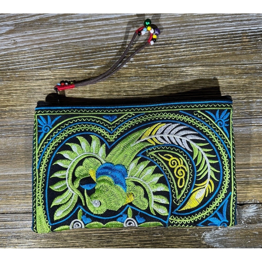 Embroidered Boho Mexican Flowers Black Multi Fabric Clutch Zip Wristlet